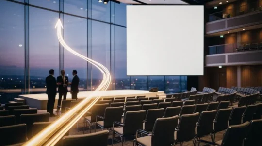 Silhouettes de dirigeants dans une salle de conférence moderne avec une trajectoire de croissance lumineuse symbolisant un retour sur investissement événementiel réussi