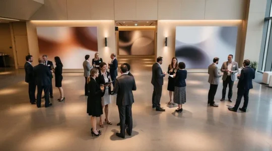 Petits groupes de professionnels engagés dans des conversations structurées lors d'un événement de networking, illustrant des connexions qualitatives.
