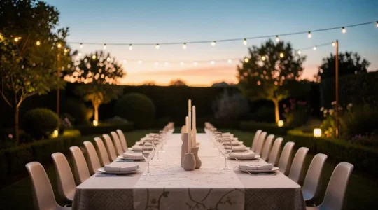 Table dressée avec raffinement dans un jardin privé au crépuscule avant l'arrivée des invités d'une soirée sur-mesure