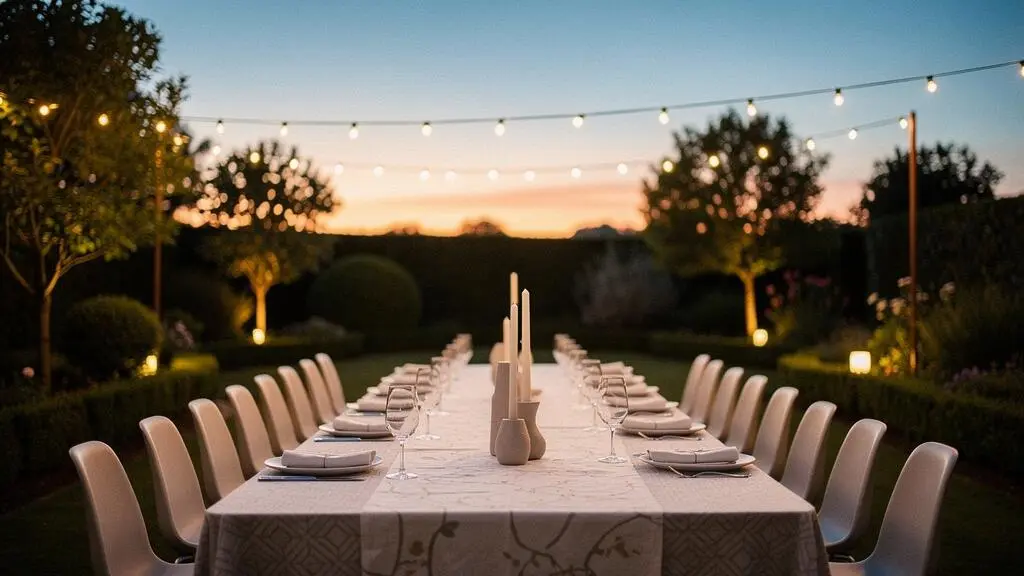 Table dressée avec raffinement dans un jardin privé au crépuscule avant l'arrivée des invités d'une soirée sur-mesure