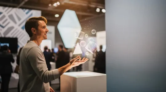 Visiteur d'un salon professionnel vivant une expérience immersive de réalité augmentée sur un stand événementiel moderne