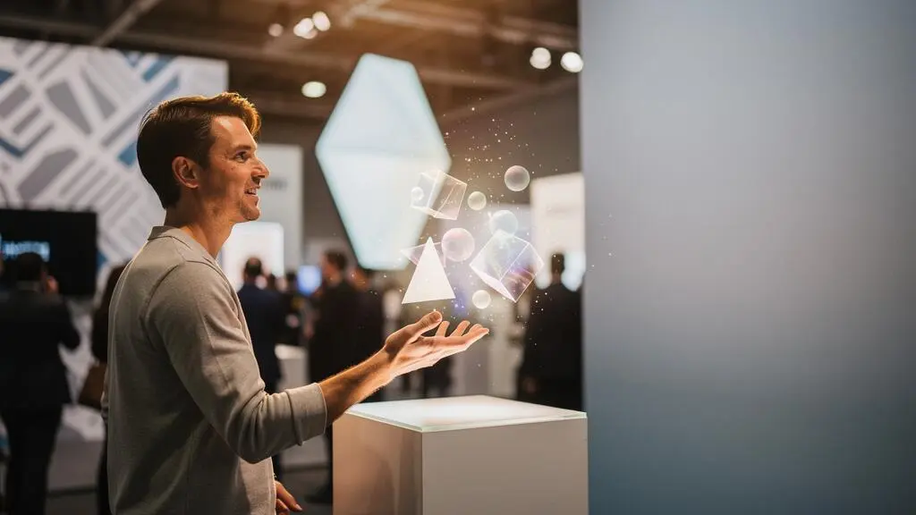 Visiteur d'un salon professionnel vivant une expérience immersive de réalité augmentée sur un stand événementiel moderne